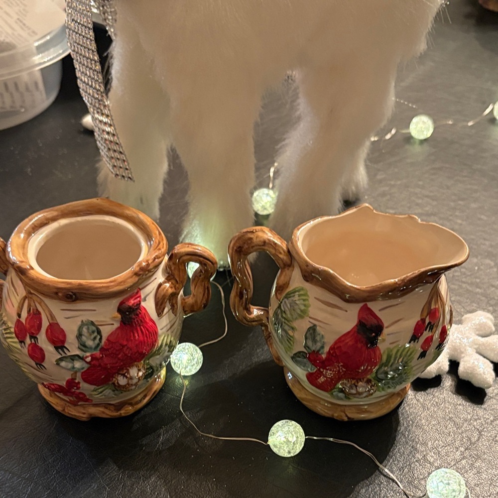 OLD WORLD XMAS Cardinal sugar and cream bowls,  Evergreen & Birch Bark Retired
